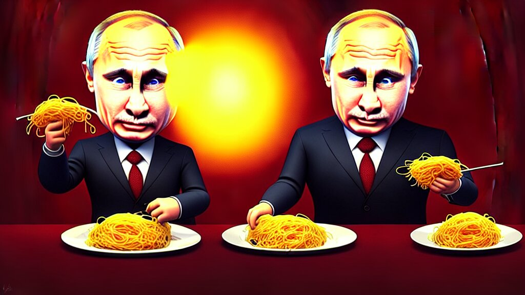 Angry President volodymyr putin with spaghetti from a mouse, highly detailed, volumetric light, sharp focus, by goro fujita advertisement for a toy store. make it an advertisement for a toy store