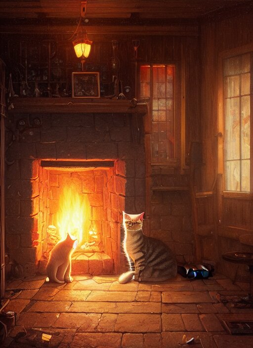 highly detailed portrait of a cat sleeping near a fireplace inside a tavern, stephen bliss, unreal engine, greg rutkowski, loish, rhads, beeple, makoto shinkai and lois van baarle, ilya kuvshinov, rossdraws, tom bagshaw, tom whalen, alphonse mucha, global illumination, god rays, detailed and intricate environment