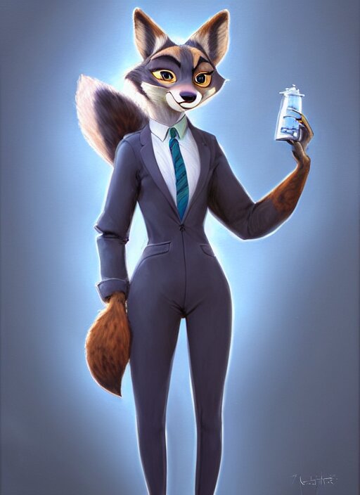 oil painting of detailed full body of anthromorphic female wolf, in style of zootopia, zootopia, zootopia, fursona, furry, furaffinity, 4 k, deviantart, furry art, fursona art, wearing black business suit, business suit, in style of zootopia, wolf fursona, cyberpunk, female, expressive detailed feminine face,