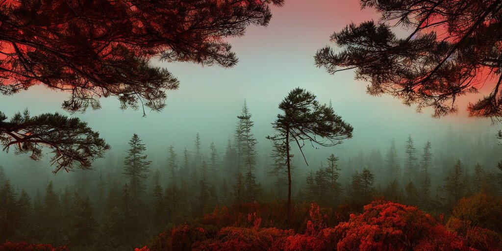 Overlooking a Red Tinted Pine Forest at Dusk, Very Foggy, Red Haze, Moody, Ground View, Matte Painting, Rocky, Waterfall in Distance, River, and Stunning Detail, 4K, HD, Clean, and Full of Detail, Sharp Focus, and the Rule of Thirds by Makoto Shinkai, Thomas Kinkade, Karol. turn the red into a green hue