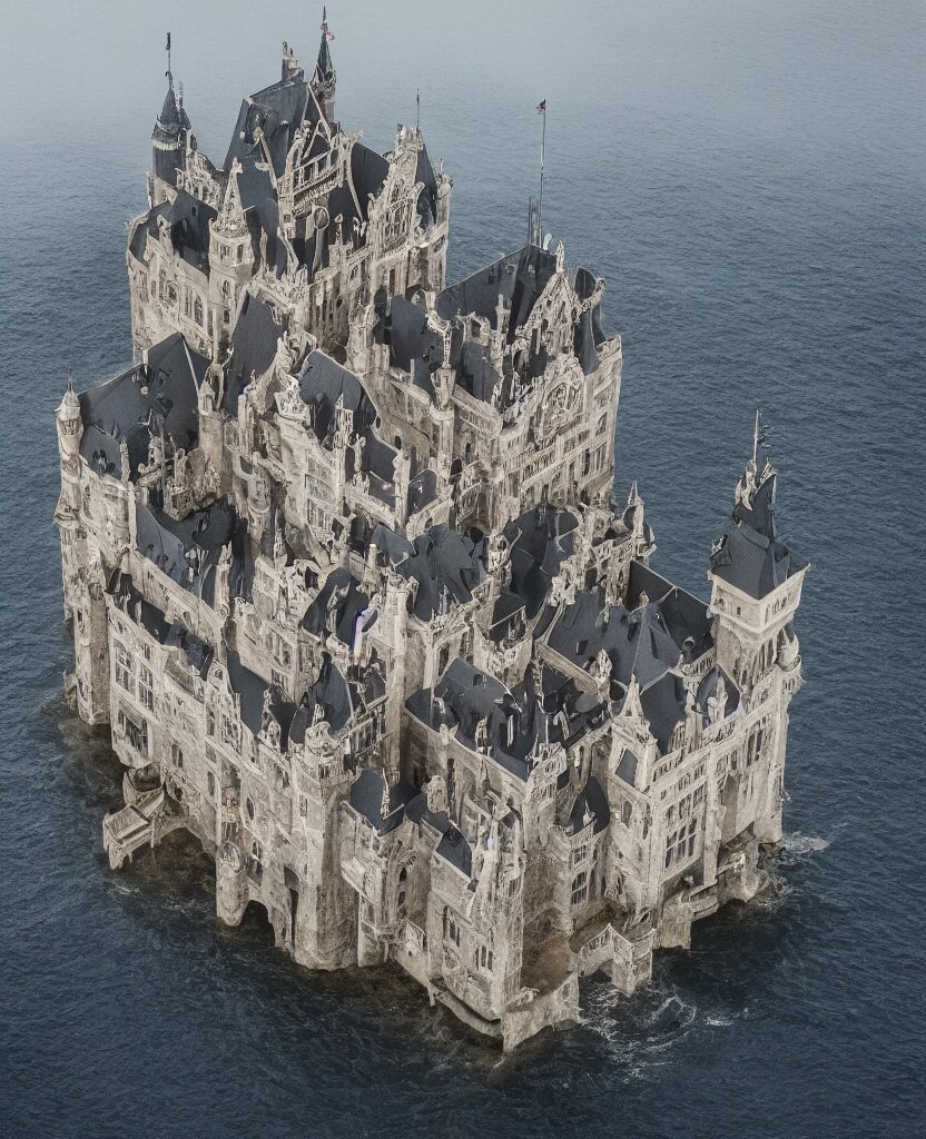 make it a sci-fi castle in the middle of the ocean