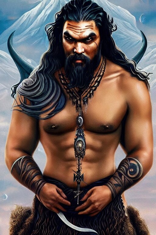 Beautiful, Ethereal Khal Drogo (Jason Momoa) Portrait with En intricate Art Deco Dragon Designs, Elegant, Highly Detailed Burning Background and Sharp Focus, Game of Thrones Art by Artgerm, Beeple and Greg Rutkowski and Wlop. make drogo's eyes amber, add intricate dragon design in background