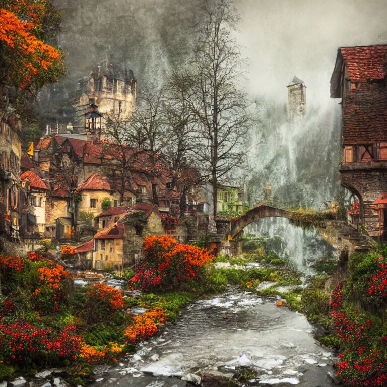 medieval village, ornate, beautiful, atmosphere, vibe, mist, smoke, chimney, rain, well, wet, pristine, puddles, red and yellow flowers, waterfall, melting, dripping, snow, creek, lush, ice, bridge, cart, orange, green, stained glass, forest, flowers, concept art illustration, color page, oil painting, trending on artstation