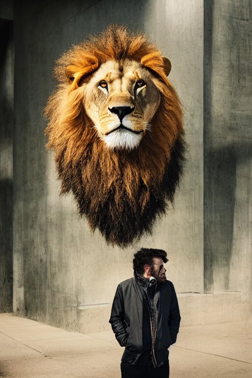 Man with a head of a lion in jacket, XF IQ4, 150MP, 50mm, f/1.4, ISO 200, 1/160s, natural light, Adobe Photoshop, Adobe Lightroom, DxO Photolab, polarizing filter, Sense of Depth, AI enhanced, HDR. Use a portrait lens to make it look like a sculpture.