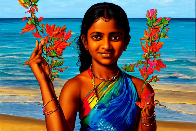 a happy sri lankan girl at the beach with iridescent skin by kehinde wiley