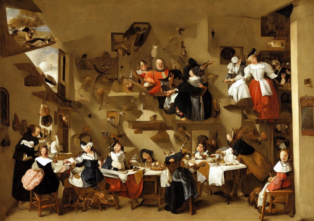 Puzzles flying in the air  and then turning into gastronomic food in the restaurant table with white table cloth 