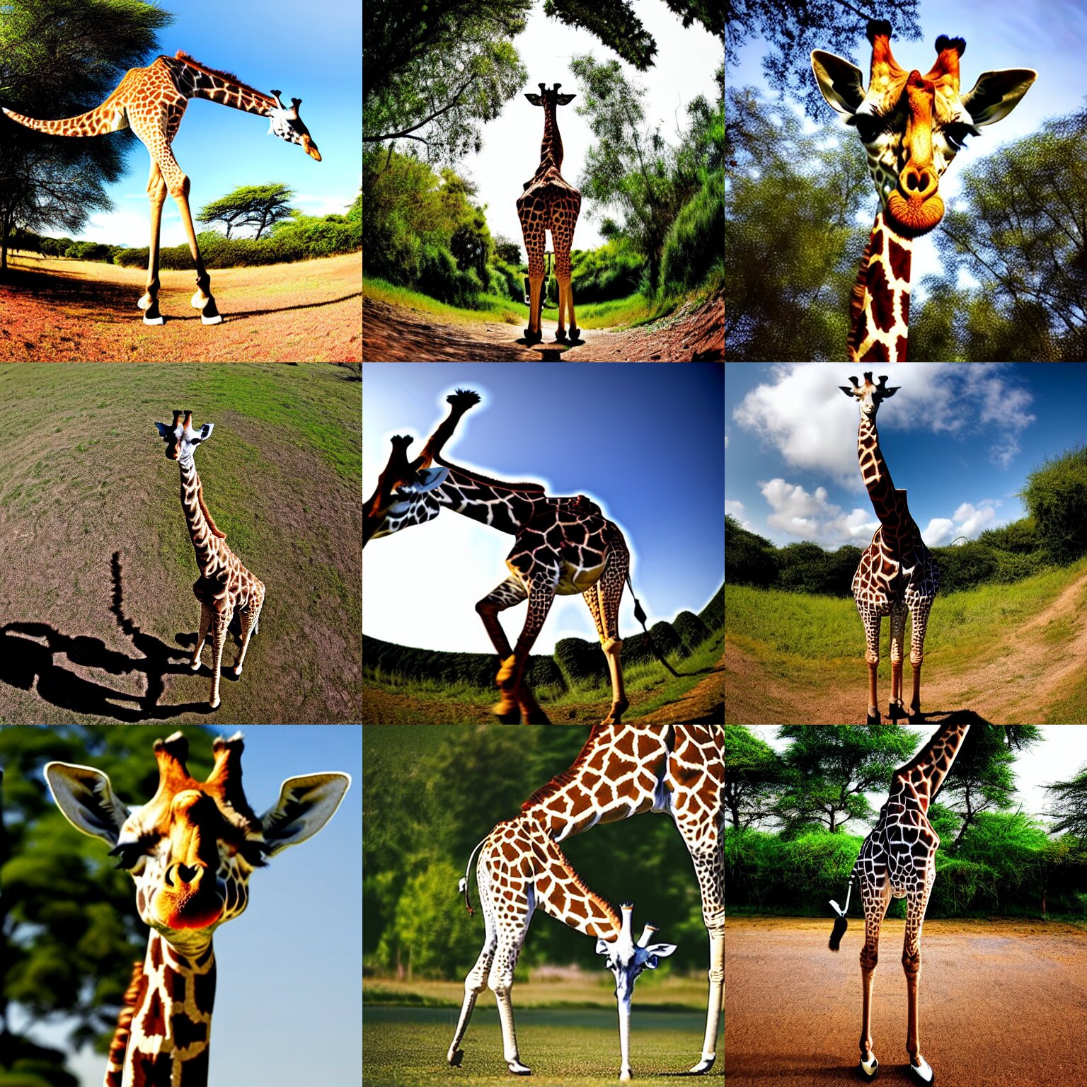giraffe doing headstand, wide angle photograph 