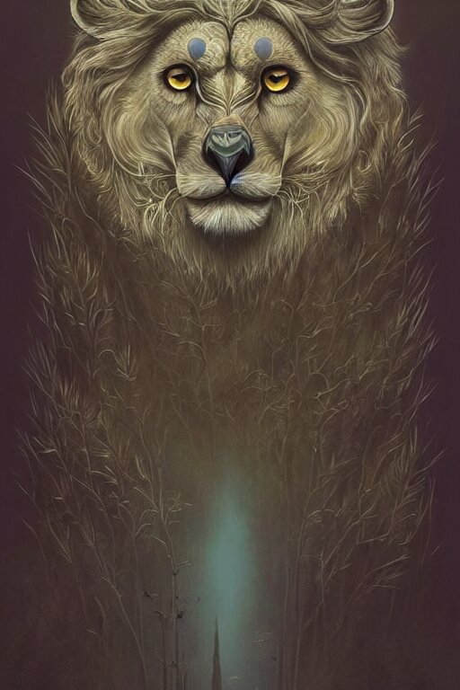 Painting of hybrid between owl & ( ( ( ( ( lion ) ) ) ), intercrossed animal, mixture animal, by zdzislaw beksinski, by lewis jones, by mattias adolfsson, by tiffany bozic, cold hue's, warm tone gradient background, concept art, beautiful composition, digital painting. change the background color to a light blue.