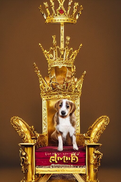 a dog sitting on a gold throne with a crown on its head, photography