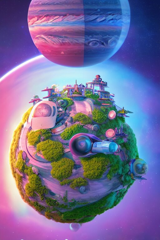 planet jupiter, isometric 3d, ultra hd, design by Mark Ryden and Pixar and Hayao Miyazaki, unreal 5, DAZ, hyperrealistic, octane render, cosplay, dynamic lighting, intricate detail, summer vibrancy, cinematic. Turn the planet into a pizzeria