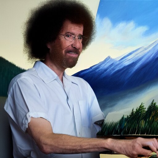 A closeup photorealistic photograph of bob ross working on a canvas painting of marilyn manson. mountain scape. happy trees. film still. brightly lit scene. this 4 k hd image is trending on artstation, featured on behance, well - rendered, extra crisp, features intricate detail, epic composition and the style of unreal engine.