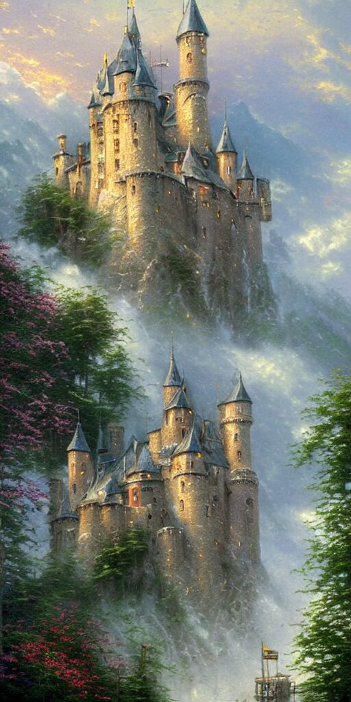 thomas kinkade painting medieval castle, dramatic