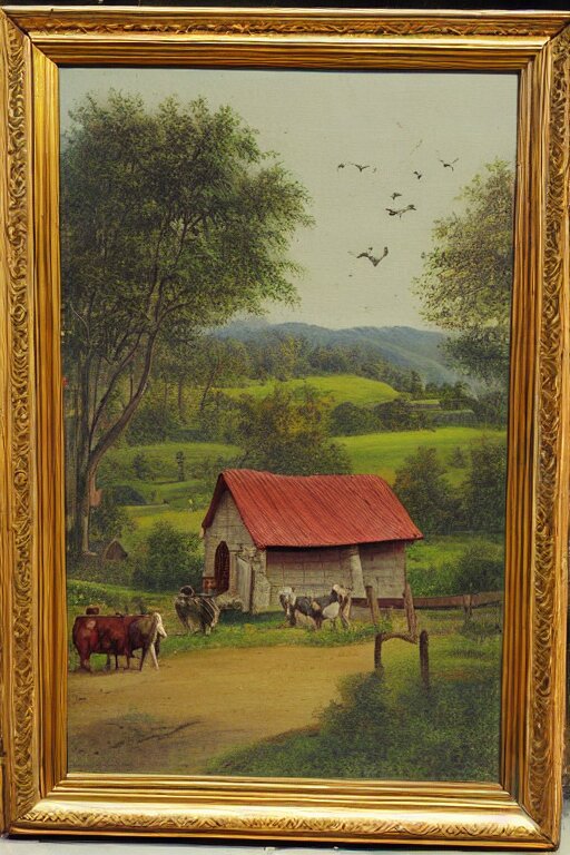 antique painting of countryside village farm