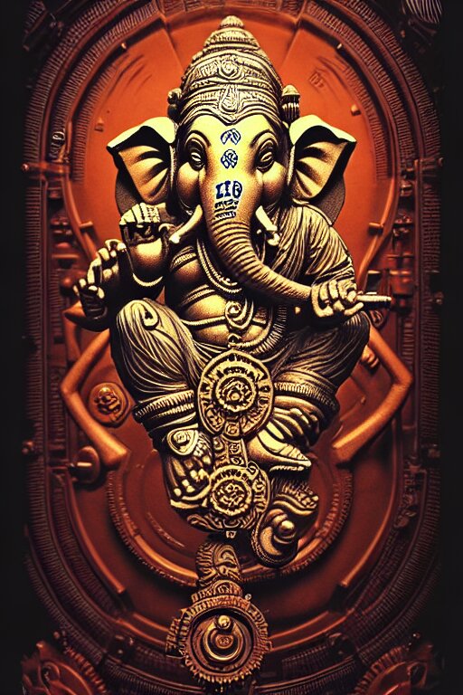 steampunk cryo chamber containing an ganesha, high details, intricately detailed, by vincent di fate, inking, 3 color screen print, masterpiece, trending on artstation,, sharp, details, hyper - detailed, hd, 4 k, 8 k. add a a 1950's sci-fi feel with an outdated filter effect.