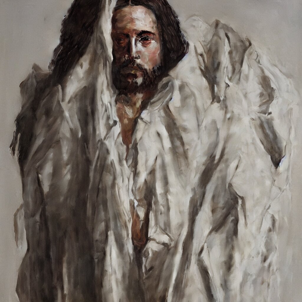 A full body lookbook portrait of modern day Jesus wearing a cream Yeezy and Fear of God Menswear Collection by Nicola Samori, Detailed, Oil Painting, Hyper Realistic, 8k, Yeezy Collection. make jesus' skin look like leather