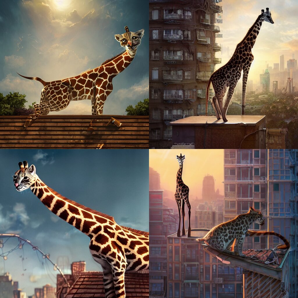 a cat standing on the rooftop, the cat looks like giraffe, giraffe tail and giraffe body, fantasy, illustration, intricate, epic lighting, cinematic composition, hyper realistic, 8 k resolution, unreal engine 5, by artgerm, tooth wu, dan mumford, beeple, wlop, rossdraws, james jean, andrei riabovitchev, marc simonetti, yoshitaka amano, artstation 