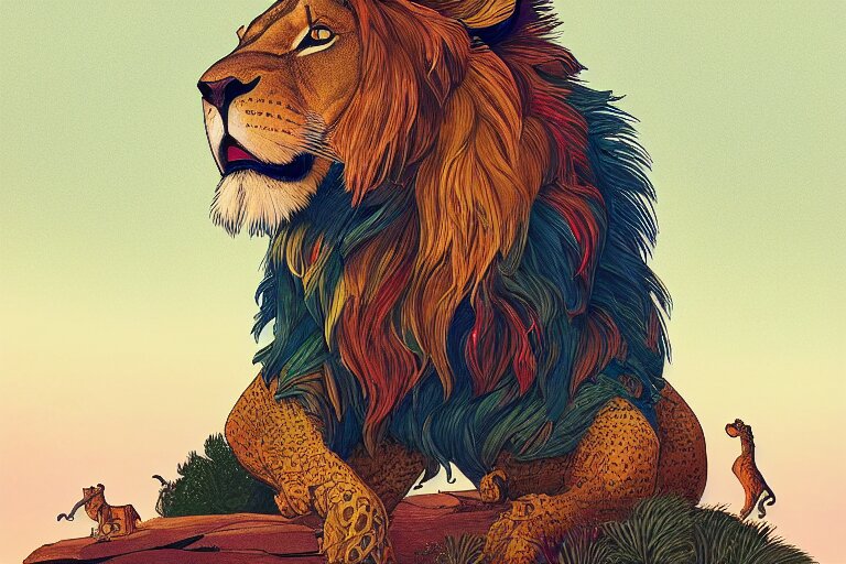 New Yorker cartoon of: “Adorably cute portrait of Lion on top of a mountain , artstation winner by Victo Ngai, Kilian Eng and by Jake Parker, swirly vibrant color lines, winning-award masterpiece, fantastically gaudy, aesthetic octane render, 8K HD Resolution”