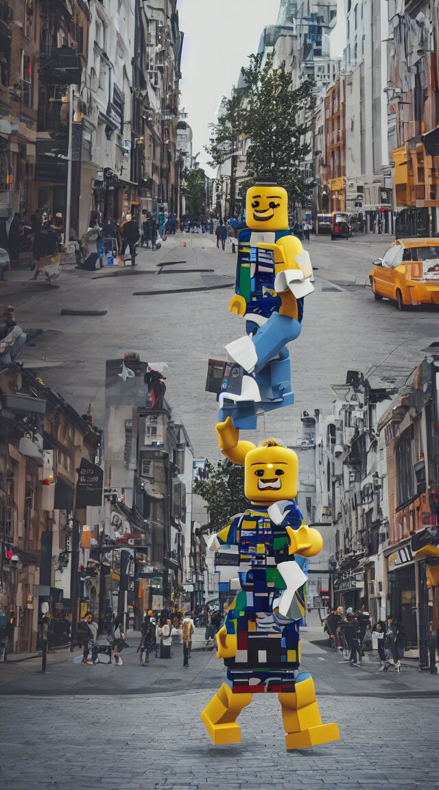 Hyperrealistic giant lego man walking through street, street view, epic lighting, composition. reduce the size of the man and make him pixelated