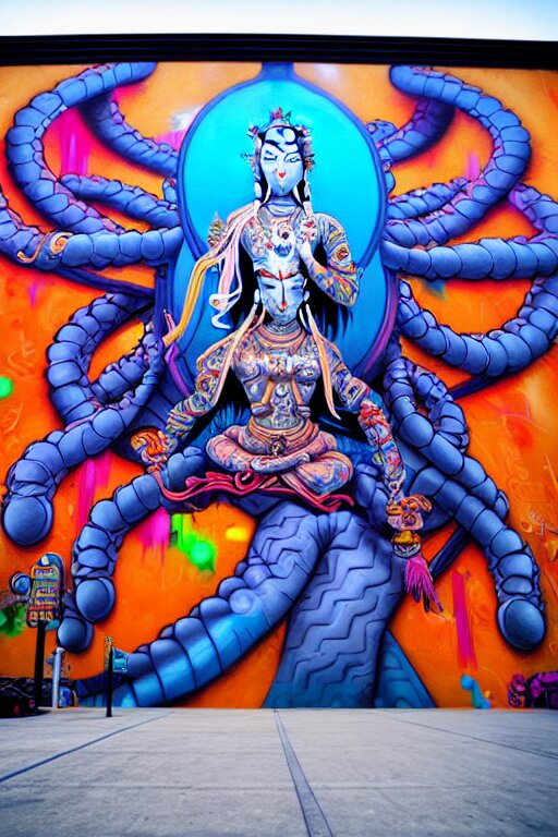 Epic graffiti mural of a 1000-armed dragon, colorful and dynamic in the style of Hownosm and James Jean, ultimate collab, epic, unreal engine 5, coming to life popping out of the wall 3D, replacing Quan Yin with a dragon. replace Quan Yin with a dragon