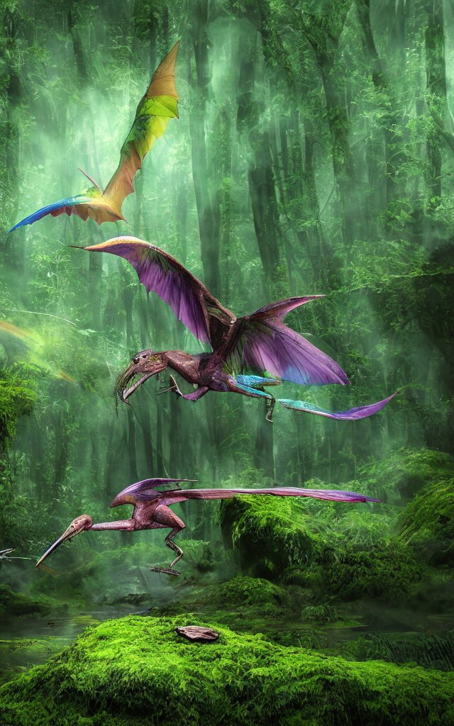 iridiscent Rainbow Dim Pterodactyl Hunting Bubbles In A Deep Swamp Moss And Mud Photography 3D Octane Render. replace the insects with bubbles and make the pterodactyls brighter and more metallic