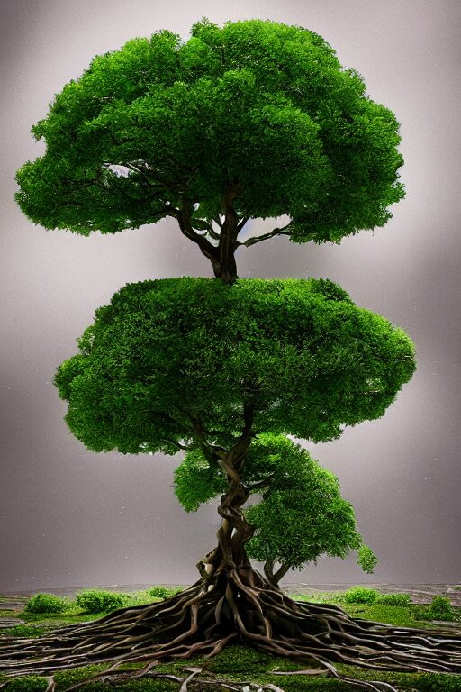 The big soul tree of the earth, no symmetry, dysproporcionate base surrounding small tree, 2D, no detail, low resolution, 2 d, volumetric lighting, octane render, 8 k, photorealistic. The tree is corrupt and rotting, the surrounding area is blighted and ruined.