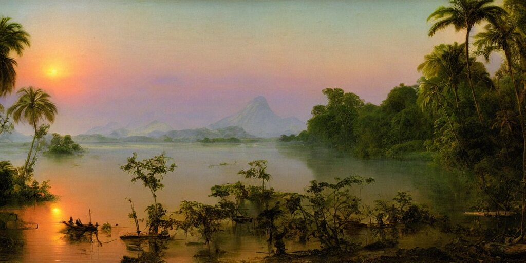 the river delta of dawn, tropical river scene, serene mood, in style of European art blended with an oriental feel, in style of Frederic Edwin Church. add a European feel with a few oriental elements