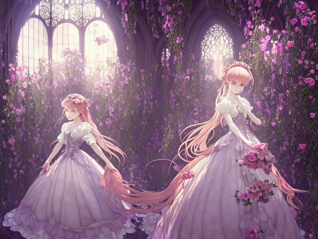 A beautiful hyperdetailed physical render of absolutely beautiful princess that wear rose flower wedding gothic lolita dress clothing stay in blooming flower house alone, a beautiful face, dazzling light beam penetrated through the window, perfectly shaded, atmospheric lighting, style of Makoto Shinkai, Raphaël Lacoste, Louis Comfort Tiffany, Artgerm, Karol Bak. A dark and stormy night