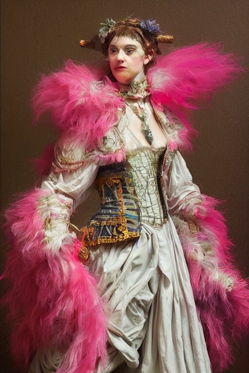 fashion photo 1970s fashion half-body view feminine detailed model woman pink hair pink glitter soft pink colors 
