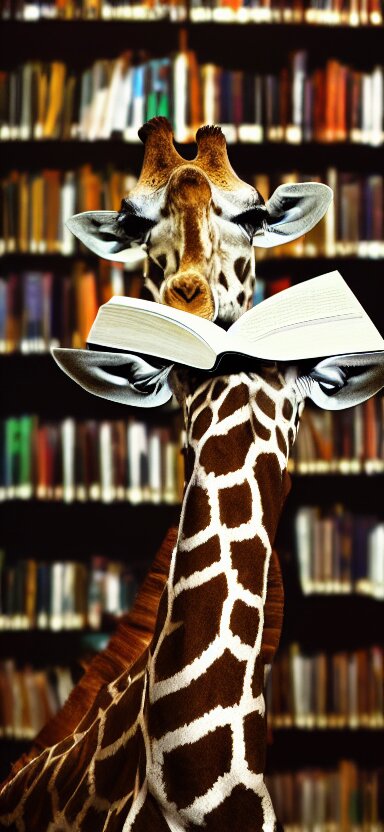 giraffe reading book in library side shot, by shunji dodo, 8 k resolution, high quality 