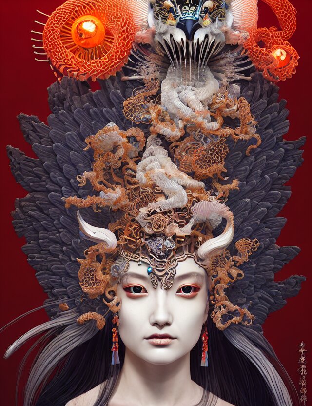 "Close up of a three-dimensional goddess, with a ram's skull as a backdrop. Beautiful intricately detailed Japanese crow kitsune mask and classical Japanese k