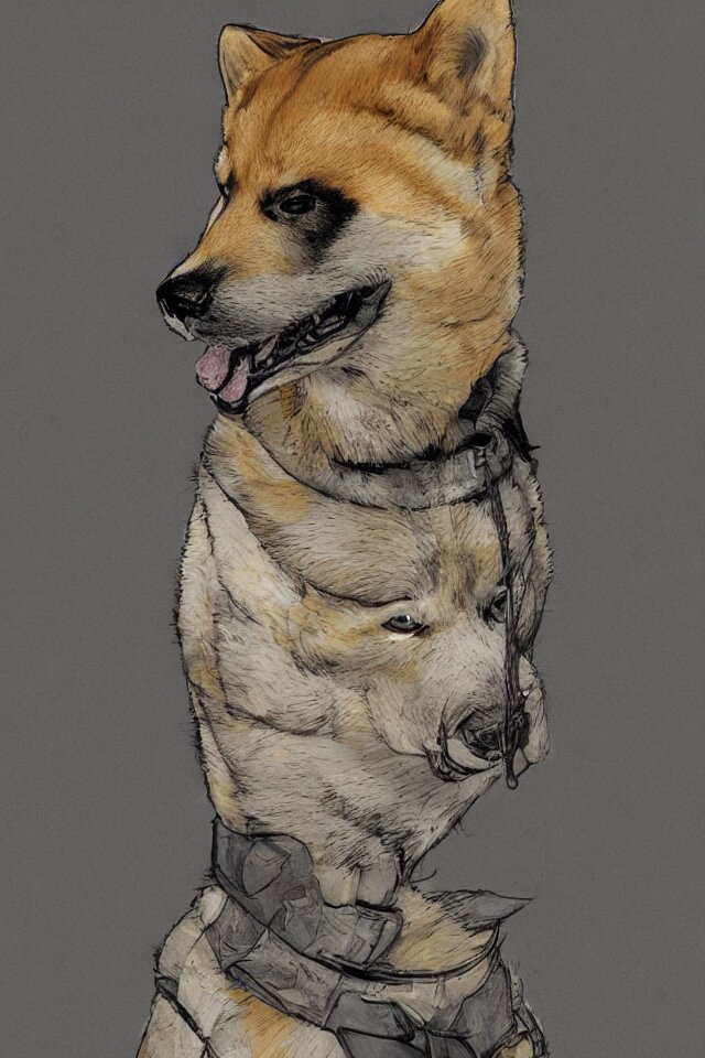 a portrait of a shiba inu, in the style of yoji shinkawa artistic, highly detailed