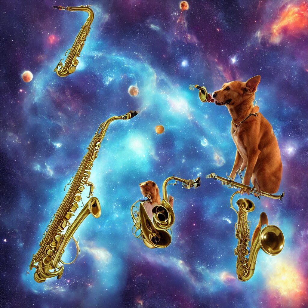 Dog playing saxophone jazz in space. High detail, 4k, planets, galaxy, nebula, trending on artstation, digital painting. Saxophonist: "River Deep – Mountain High". make it a saxophonist playing "River Deep - Mountain High" on an incredulous dog