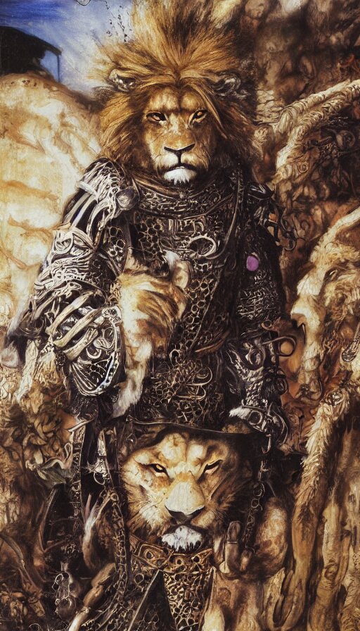 8 k yoshitaka amano painting of upper body of a young cool looking lion beastman with white mane at a medieval market at windy day. depth of field. he is wearing complex fantasy clothing. he has huge paws. renaissance style lighting.