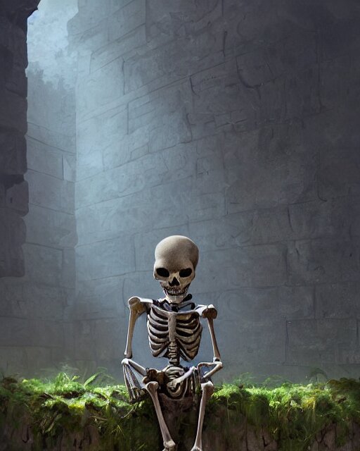 a skeleton sitting chained up a corner, corner, long shot, stone bricks, moss, sunbeams, ancient. Atmospheric lighting, By Makoto Shinkai, Stanley Artgerm Lau, WLOP, Rossdraws, James Jean, Andrei Riabovitchev, Marc Simonetti, krenz cushart, Sakimichan, D&D trending on ArtStation, digital art.