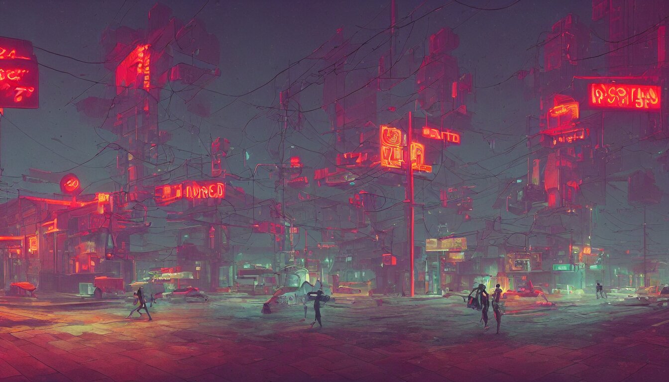 robots on the streets, bricked soviet buildings, neon lights, cinematic lights, by simon stalenhag in a retro futuristic city. retro futurism