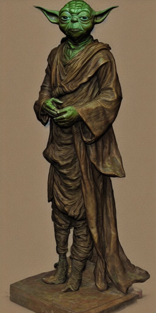 detailed photo of an old bronze patina statue of yoda, full body portrait, various pose, photorealism, intricate detail, museum diffuse lighting