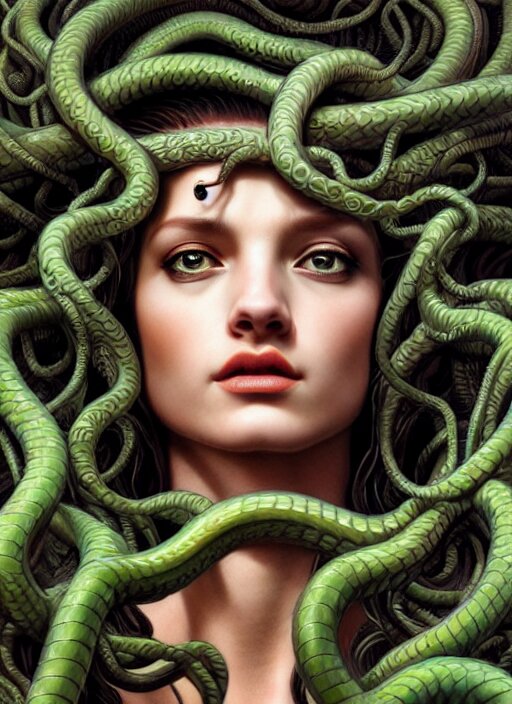 photo of a medusa in the style of stefan kostic, realistic, half body shot, sharp focus, 8 k high definition, insanely detailed, intricate, elegant, art by stanley lau and artgerm, extreme bokeh foliage