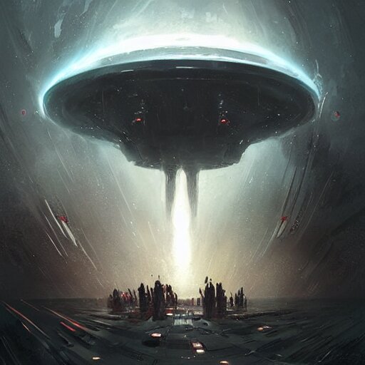 alien mothership by Greg Rutkowski, exploding into space.