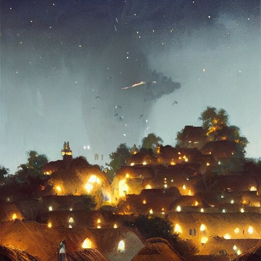 Painting by Greg Rutkowski, at night a big ceramic jug with gold ornaments flies high in the night dark blue sky above a small village with white houses under thatched roofs, stars in the sky, rich picturesque colors
