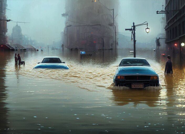 cars driving through shallow water, flooded city, people walking through shallow water, muted colors, highly detailed, hyperrealistic, oil painting, intricate, cgsociety, artstation, 8 k, cinematic, soft lighting, by greg rutkowski, by wlop, by artgerm 