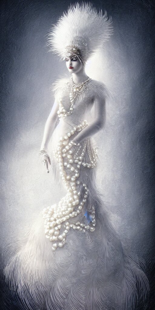 a lady with a decorated dress made of white pearls and white plumes of swan highly detailed digital _ painting, cinematic, dramatic lighting