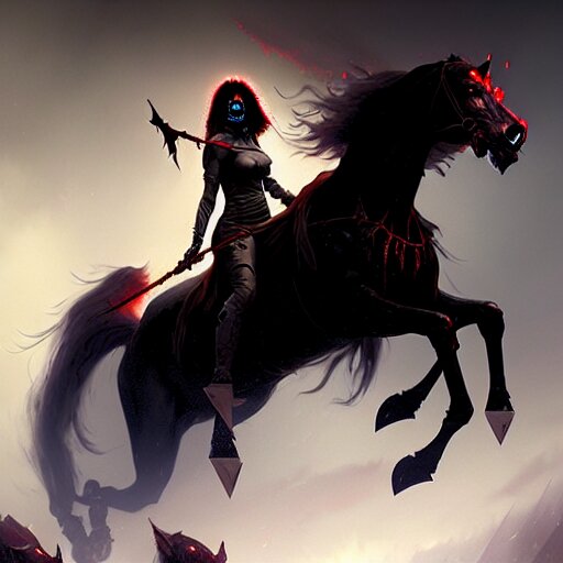 A mysterious woman with black teeth riding an undead horse with red eyes. whips of death. detailed digital art by greg rutkowski, thomas kinkade, keith parkinson, artstation, cgsociety, deviantart, 8k, hd
