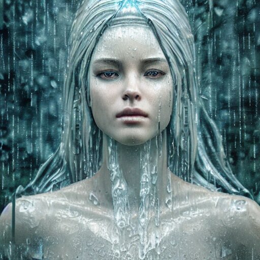 photorealistic image of a beautiful goddess of rain, made of water, wet, stunning 3 d render, by istvan sandorfi and greg rutkowski, perfect facial symmetry, realistic, highly detailed attributes and atmosphere, dim volumetric cinematic lighting 