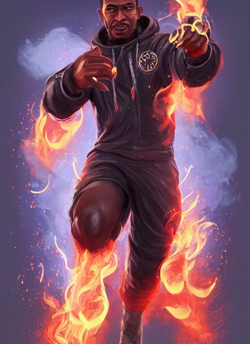 high-detail illustration of black guy with tall box fade hair wearing tracksuit, clean up the background. extract the tracksuit, black guy and fiery hands and feet to a new layer and clean up the background