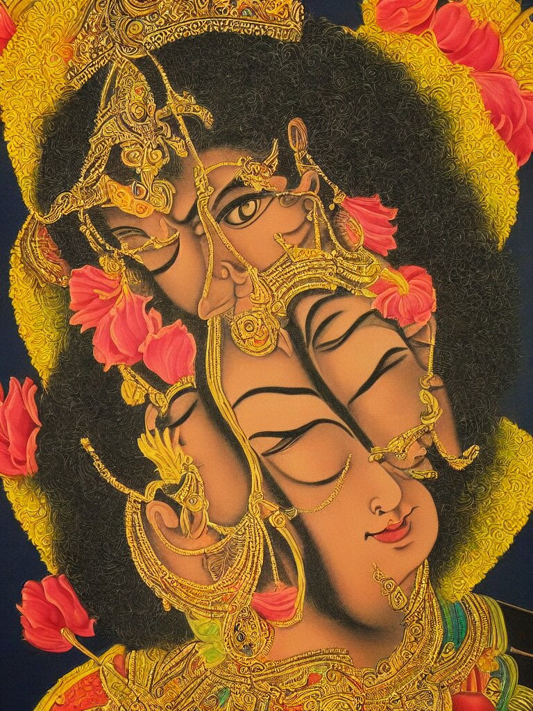 a close up portrait of lord krishna, beautiful painting, symmetric, peaceful, calm, relaxed, except for the background which is mainly blue. paint the background mostly blue