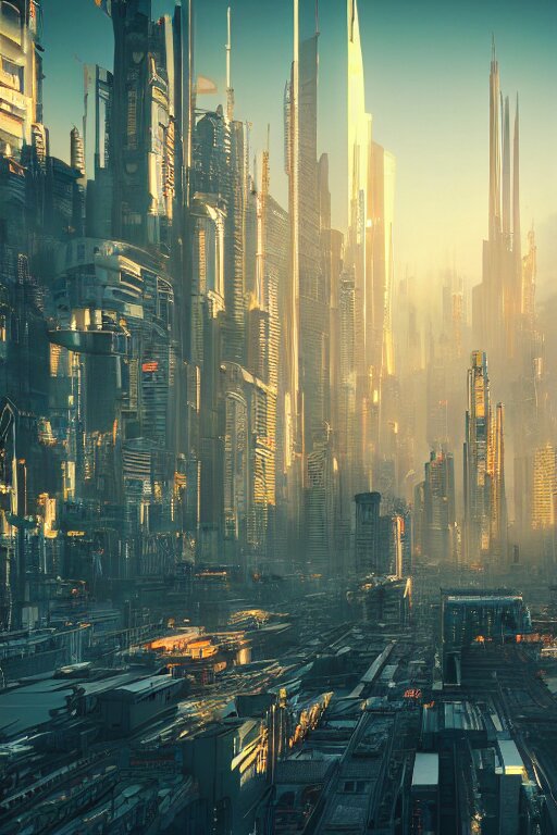 cyberpunk cityscape with tall buildings at dusk golden hour orange cinematic lighting, epic composition. A golden daylight, hyper-realistic environment. Hyper and intricate detail, photo-realistic. Cinematic and volumetric light. Epic concept art. Octane render and Unreal Engine, trending on artstation