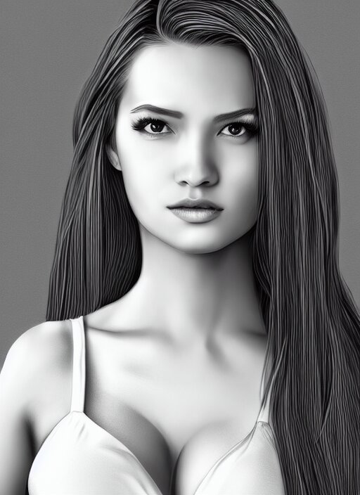 full body portrait of a beautiful young woman in black and white, hair down to waist, sharp focus, in the style of Kevin Kostic, Stephen Lau and artgerm, hyper sharp focus, 8k highly detailed, make her bald. make her bald