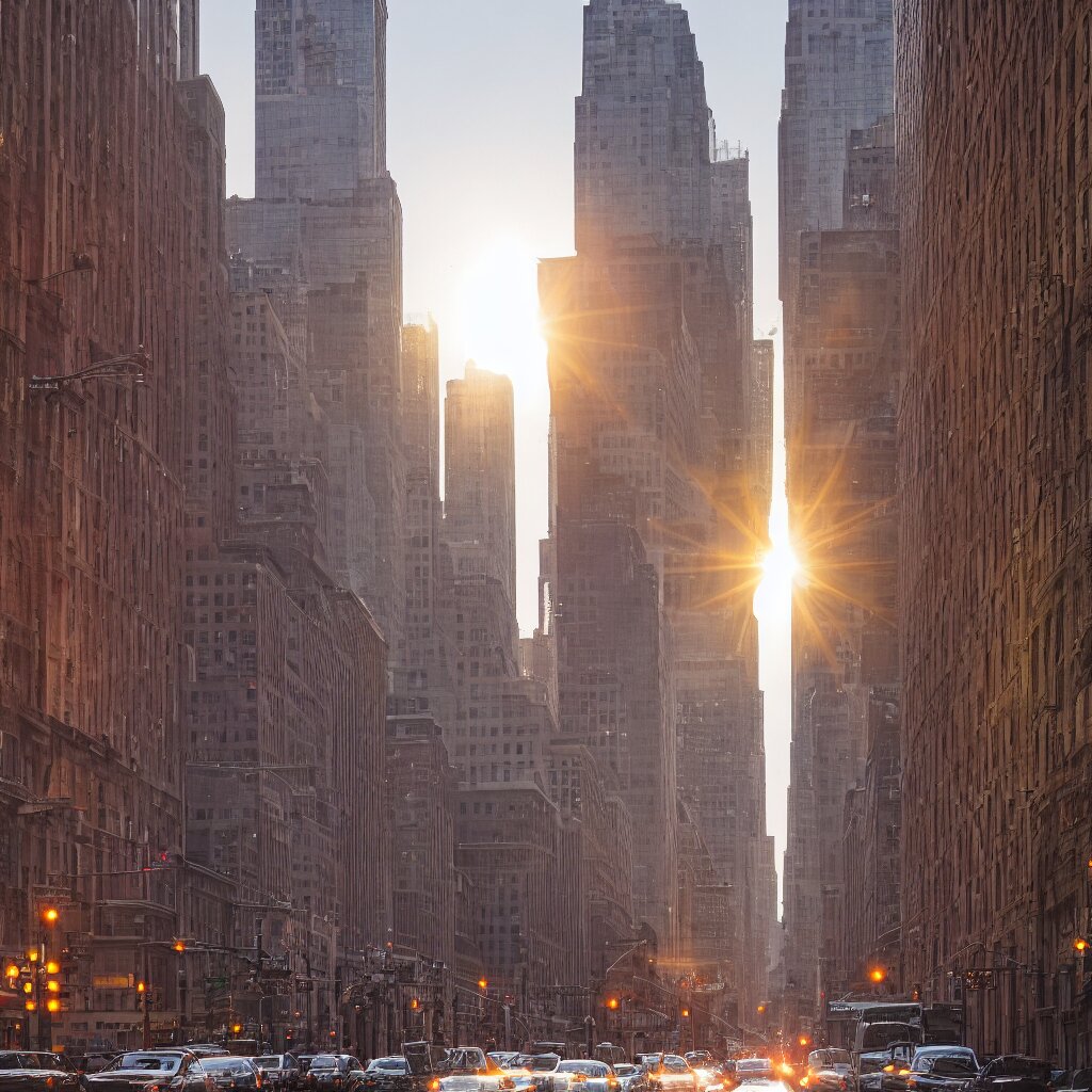 sunrise on a dark manhattan street. make it a night time shot in front of a glowing skyline