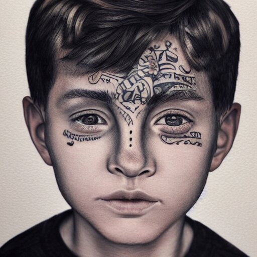 a detailed portrait of a boy with a face tattoo, art illustration, incredibly highly detailed and realistic, 8 k, sharp focus 