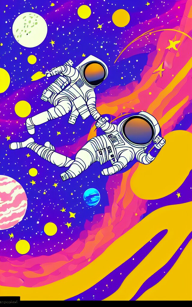 adobe illustrator vector graphics digital art of an astronaut printing in space, psychedlic monochromatic duoblend. Turn the astronaut into a blue and purple cosmic being, with a print out of the Mona Lisa in space behind him